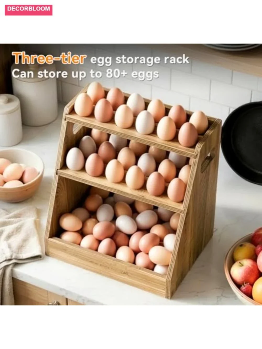 3-Tier Wooden Egg Holder Countertop Basket Holds 80 Eggs Farmhouse Kitchen